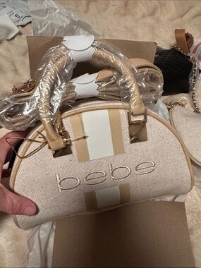 bebe Beige & White Striped Mini Dome Satchel